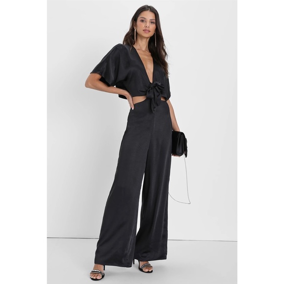Lulus Pants - Flirt For Fun Black Tie-Front Two-Piece Wide-Leg Jumpsuit